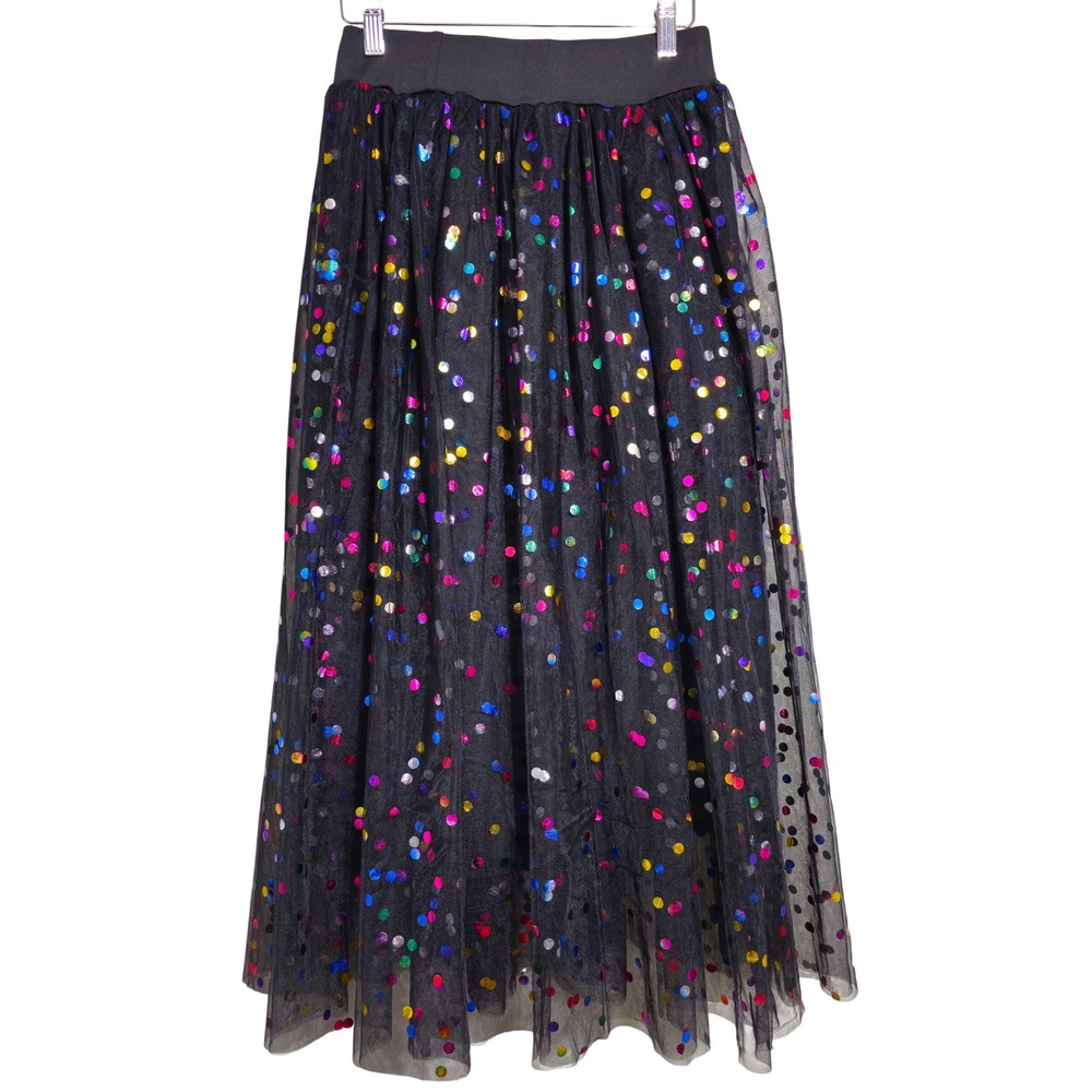 Black Tulle Maxi Skirt Rainbow Metallic Polka Dot Mesh Overlay Size S Party